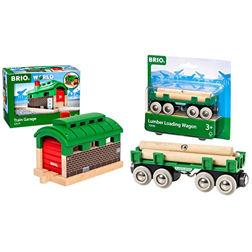 BRIO World 33574 - Lokschuppen mit Rolltor Mehrfarbig & Bahn 33696 - Langholzwagen von BRIO