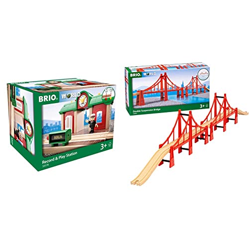 BRIO World 33578 Sprechender Bahnhof Eisenbahn Zubehör mit Aufnahmefunktion & World 33683 Hängebrücke – Eisenbahnzubehör für die BRIO Holzeisenbahn von BRIO