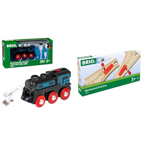 BRIO World - 33599 Akku Lok mit Mini USB & Bahn 33344 - Mechanisches Weichenpaar - Eisenbahnzubehör Holzeisenbahn - Empfohlen für Kinder ab 3 Jahren von BRIO