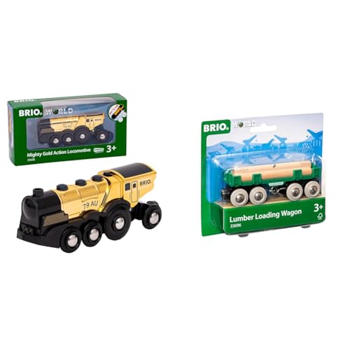 BRIO World 33630 - Goldene Batterielok mit Licht und Sound - Mit Auskoppel-Funktion zur Nutzung als Schiebelok - Empfohlen ab 3 Jahren & Bahn 33696 - Langholzwagen von BRIO