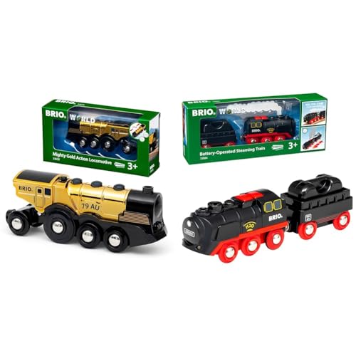 BRIO World 33630 - Goldene Batterielok mit Licht und Sound - Mit Auskoppel-Funktion zur Nutzung als Schiebelok - Empfohlen ab 3 Jahren & World 33884 Batterie-Dampflok mit Wassertank von BRIO