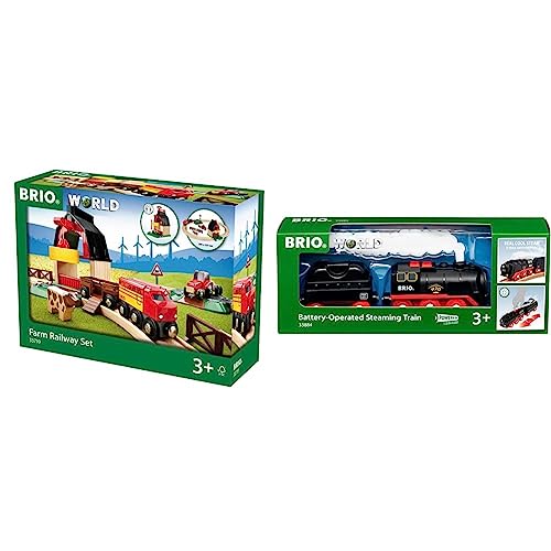 BRIO World 33719 Bahn Bauernhof Set - Holzeisenbahn mit Bauernhof & World 33884 Batterie-Dampflok mit Wassertank von BRIO