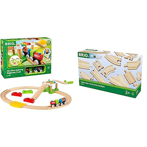 BRIO World 33727 Mein erstes Bahn Spiel Set - Zug mit Waggon, Schienen & Hängebrücke für Kleinkinder Einsteiger-Set empfohlen ab 18 Monaten & Bahn 33402 - Mittleres Schienensortiment von BRIO