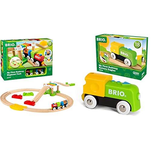 BRIO World 33727 Mein erstes Bahn Spiel Set - Zug mit Waggon, Schienen & Hängebrücke für Kleinkinder Einsteiger-Set empfohlen ab 18 Monaten & Bahn 33705 - Mein erste Batterielok von BRIO