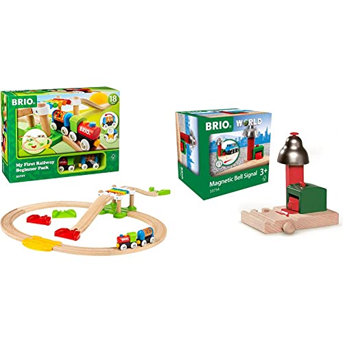 BRIO World 33727 Mein erstes Bahn Spiel Set - Zug mit Waggon, Schienen & Hängebrücke & World 33754 Magnetisches Glockensignal – Eisenbahnzubehör für die BRIO Holzeisenbahn – Multi-Colour von BRIO