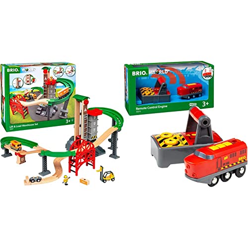 BRIO World 33887 Großes Lagerhaus-Set mit Aufzug - Zubehör für die BRIO Holzeisenbahn ab 3 Jahren & World 33213 IR-Frachtlok - Elektrische Lokomotive mit Fernsteuerung - ab 3 Jahren von BRIO