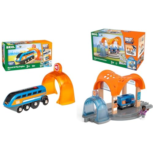 BRIO World 33971 Smart Tech Sound Lok mit Aufnahmefunktion Elektrischer Zug mit Tunnel Interaktives Spielzeug empfohlen ab 3 Jahren & World 33973 Smart Tech Sound Bahnhof mit Action Tunnel Zubehör von BRIO