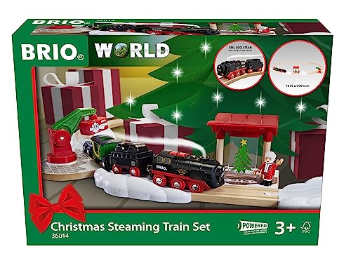 BRIO World 36014 Batterie-Dampflok Weihnachts-Set - Aus dem Schornstein der Lokomotive strömt kalter Wasserdampf - Großes Schienenlayout für eine Rundtour um den Weihnachtsbaum, empfohlen ab 3 Jahren von BRIO