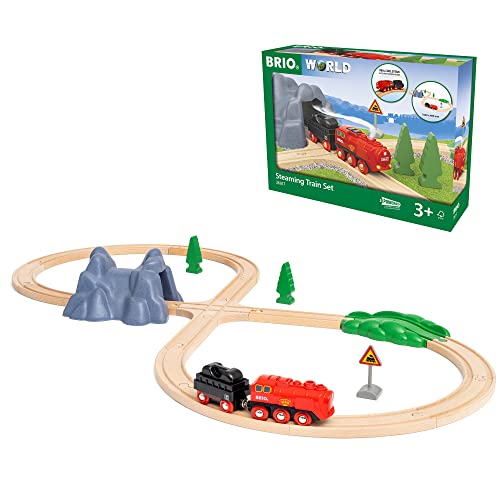 BRIO World 36017 Batterie-Dampfzug-Set - Aus dem Schornstein der Lokomotive strömt während der Fahrt kalter Wasserdampf - Klassisches Bahn-Acht Layout inklusive Bergtunnel von BRIO