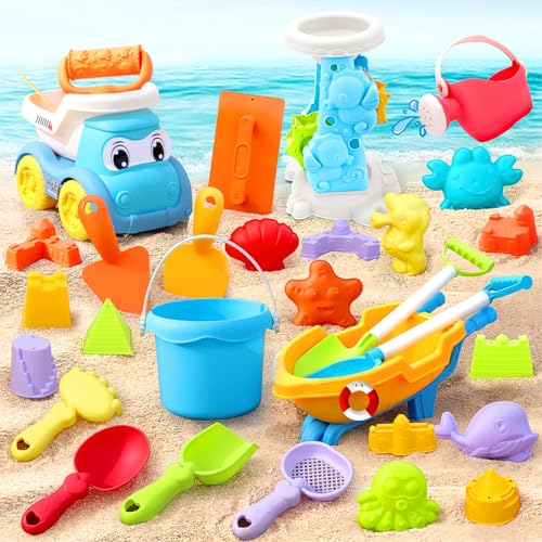 BRISKORE 30 Stück Sandspielzeug Strandspielzeug für Kinder, Sandspielzeug Sandkasten Spielzeug Sand Strand Spielzeug Water Toys Strand Sandspielzeug Set mit Wasserrad mit Netztasche Set für Age 2,3,4 von BRISKORE