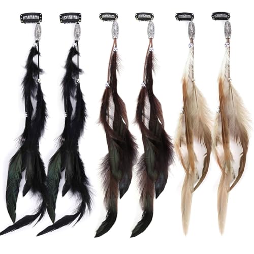 BRISKORE 6 Stück Feder Haarschmuck Clip, Indianer Haarschmuck Damen, Federn Haarextensions, Boho Kopfschmuck für Faschingskostüm Karneval Verkleiden Cosplay Haardeko Zubehör Feder Haarspangen von BRISKORE