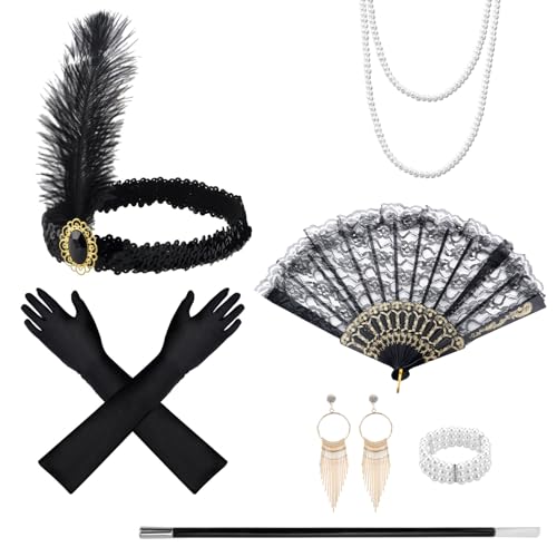 BRISKORE 9 Stück 1920er Jahre Zubehör Set,20er Jahre Kostüm Damen,Great Gatsby Accessoires Flapper Set,1920er Accessoires Damen mit Stirnband Handschuhen Halskette Spitze Faltfächer von BRISKORE