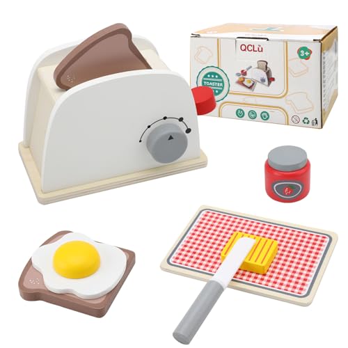 BRISKORE Kinderküche Toaster Set, Pop-up-Toaster-Set, Kinderküche Zubehör,Holzspielzeug Toaster für Kinder, Rollenspiele Spielküche, Pop-up Toaster Holz Spielküche Zubehör, Geschenk für Mädchen von BRISKORE