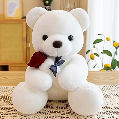 BRISKORE Kuschelweicher Teddybär groß 25 cm mit Rose, Kuscheltier Teddy Teddybär Weiches Fell Teddybär Stofftier Teddy Kuscheltier aus Plüsch zum Kuscheln Spielzeug Stofftier Plüschtier (Weiß) von BRISKORE