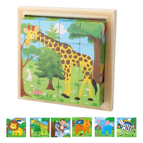 BRISKORE Würfelpuzzle Holz, Holzpuzzle 3D,Würfelpuzzle Puzzlespiele 6 in 1 Tier-Motive für Kinder,Montessori Spielzeug,lernendes pädagogisches Holzpuzzle-Spielzeug,Holzspielzeug ab 3 4 5 Jahren von BRISKORE