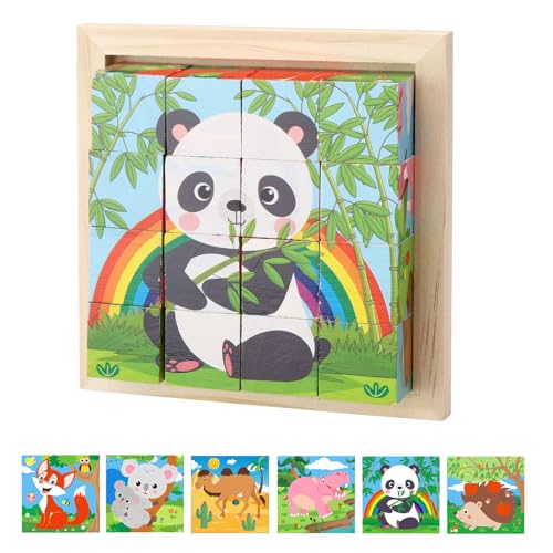 BRISKORE Würfelpuzzle Holz, Holzpuzzle 3D,Würfelpuzzle Puzzlespiele 6 in 1 Tier-Motive für Kinder,Montessori Spielzeug,lernendes pädagogisches Holzpuzzle-Spielzeug,Kreativ Lernspielzeug von BRISKORE