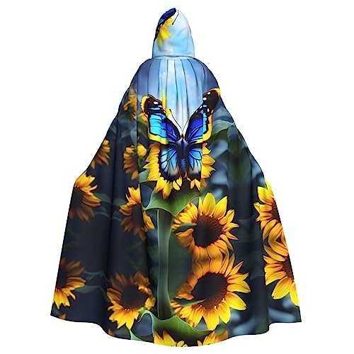 BROLEO Halloween Kapuzenumhang für Erwachsene für Partys und Kostüme, Sonnenblumen-Blauer Schmetterlings-Druck von BROLEO