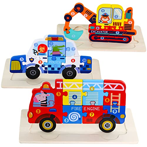 BRSSLKO Holzpuzzles für Kleinkinder von 2–4 Jahren, Puzzles für Kleinkinder, Spielzeug für Kinder im Alter von 3–5 Jahren, 3er-Pack (Bagger + Polizeiauto + Feuerwehrauto) von BRSSLKO