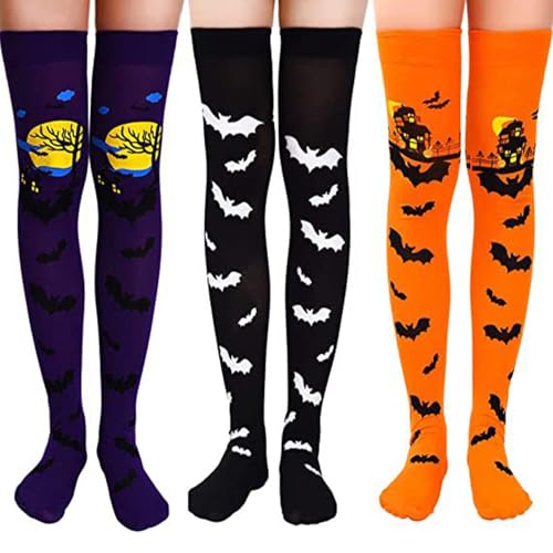 BRTNUP 3 Paar Halloween Strümpfe Skelett Blutige Socken Halloween Overknee Strümpfe Kniestrümpfe für Damen Mädchen Thigh High Socks Lange Socken für Cosplay Karneval Kostüme (Mehrfarbig A) von BRTNUP