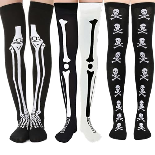 BRTNUP 3 Paar Halloween Strümpfe Skelett Blutige Socken Halloween Overknee Strümpfe Kniestrümpfe für Damen Mädchen Thigh High Socks Lange Socken für Cosplay Karneval Kostüme (Mehrfarbig C) von BRTNUP