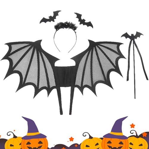 BRTNUP 3 Stück Fledermaus Kostüm Kinder Fledermauskostüm mit Fledermaus Flügel Stirnband Zauberstab Kinderkostüme Fledermaus Kinder Halloween Kostüm Cosplay Zubehör von BRTNUP