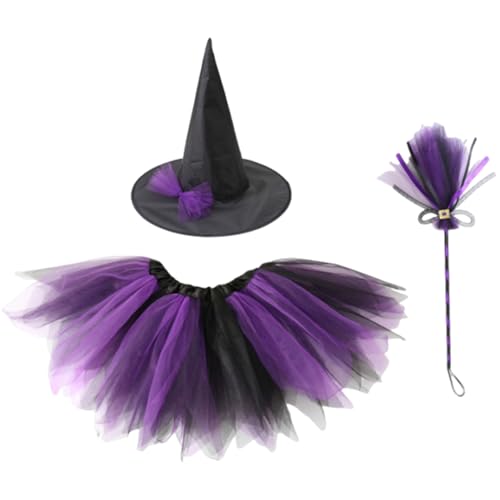 BRTNUP 3 Stück Mädchen Halloween Hexe Kostüm Kinder Hexenkostüm Set mit Hexenhut und Besen für Karneval Halloween Hexe Kostüm Hexenkleid Cosplay Zubehör (Lila) von BRTNUP