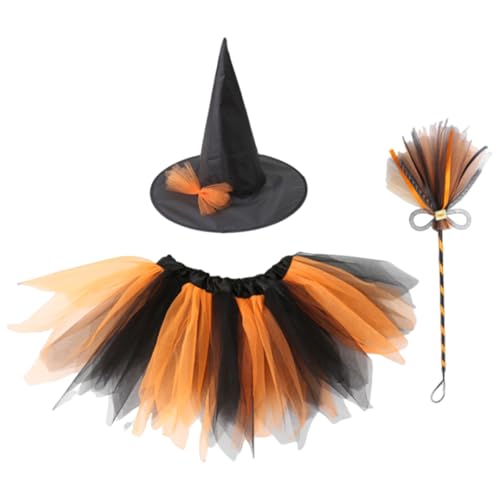 BRTNUP 3 Stück Mädchen Halloween Hexe Kostüm Kinder Hexenkostüm Set mit Hexenhut und Besen für Karneval Halloween Hexe Kostüm Hexenkleid Cosplay Zubehör (Orange) von BRTNUP