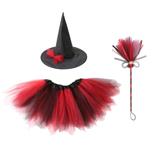 BRTNUP 3 Stück Mädchen Halloween Hexe Kostüm Kinder Hexenkostüm Set mit Hexenhut und Besen für Karneval Halloween Hexe Kostüm Hexenkleid Cosplay Zubehör (Rot) von BRTNUP