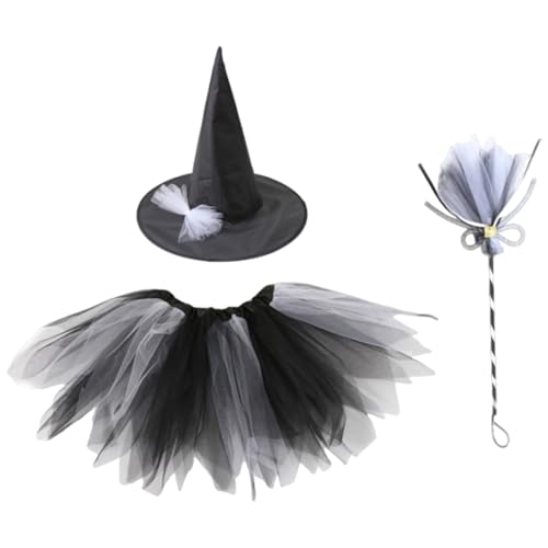 BRTNUP 3 Stück Mädchen Halloween Hexe Kostüm Kinder Hexenkostüm Set mit Hexenhut und Besen für Karneval Halloween Hexe Kostüm Hexenkleid Cosplay Zubehör (Schwarz) von BRTNUP