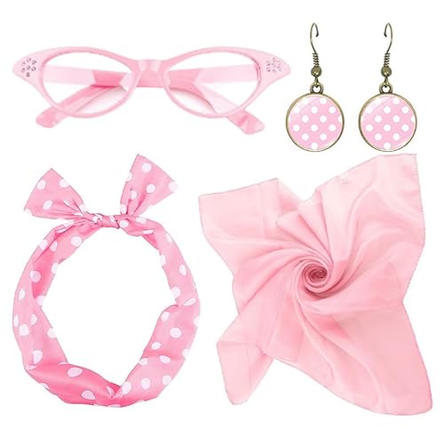 BRTNUP 4 Stück 50er Jahre Accessoires, Rockabilly Accessoires Damen Rosa,50er Jahre Kostüm Schal Polka Punkt Stirnband Ohrring Katzenauge Brille für Retro Party Erwachsener von BRTNUP