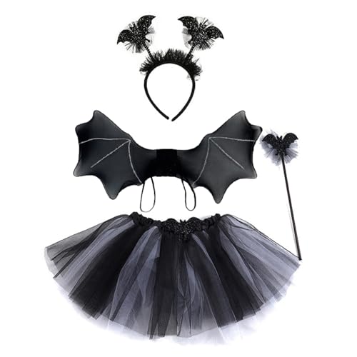 BRTNUP 4 Stück Halloween Fledermaus Kostüm Kinder Fledermaus Outfit mit Fledermaus Flügel Tutu Rock Stirnband Zauberstab für Mädchen Kinder Fledermaus Cosplay Zubehör von BRTNUP