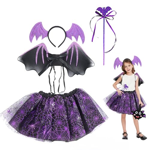 BRTNUP 4 Stück Halloween Fledermaus Kostüm Kinder Fledermaus Outfit mit Fledermaus Flügel Tutu Rock Stirnband Zauberstab für Mädchen Kinder Halloween Kostüm Fledermaus Cosplay Zubehör von BRTNUP