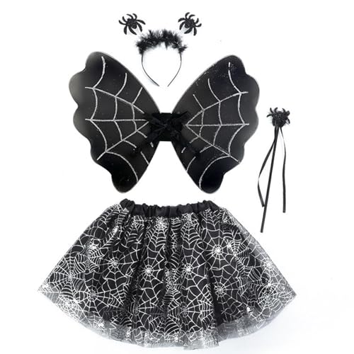 BRTNUP 4 Stück Halloween Spinnen Kostüm Kinder Fledermaus Outfit mit Schmetterling Flügel Tutu Rock Stirnband Zauberstab für Mädchen Kinder Halloween Kostüm Cosplay Zubehör von BRTNUP