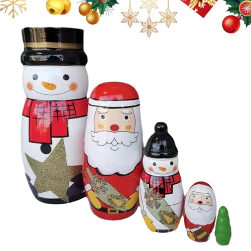 BRTNUP 5 Stück Weihnachts Nistpuppen Weihnachtsmann Nist Puppen Schneemann Weihnachtsbaum Holz Stapelpuppen Cartoon Nistpuppen Set für Weihnachtsfeier Zuhause Geschenk Dekoration Zubehör von BRTNUP