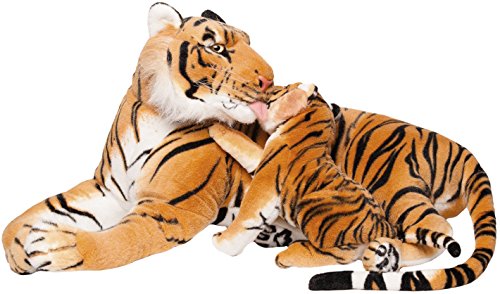 BRUBAKER 100 cm Tiger Kuscheltier mit Baby-Tiger - liegend Mutter Kind Stofftier Plüschtier - Braun von BRUBAKER