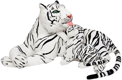 BRUBAKER 100 cm Tiger Kuscheltier mit Baby-Tiger - liegend Mutter Kind Stofftier Plüschtier - Weiß von BRUBAKER