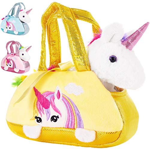 BRUBAKER Einhorn Tasche Regenbogen - 20 cm - Plüschtier in Handtasche - Plüsch Stofftier Kuscheltier - Gelb von BRUBAKER