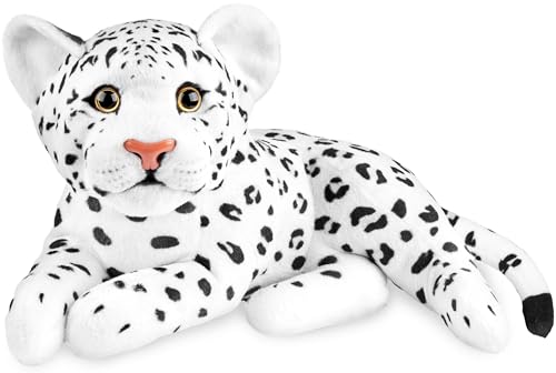 BRUBAKER Leopard Kuscheltier - 30 cm Stofftier - Baby Plüschtier Raubkatze Liegend - Kinder Plüsch Spielzeug - Weiß von BRUBAKER