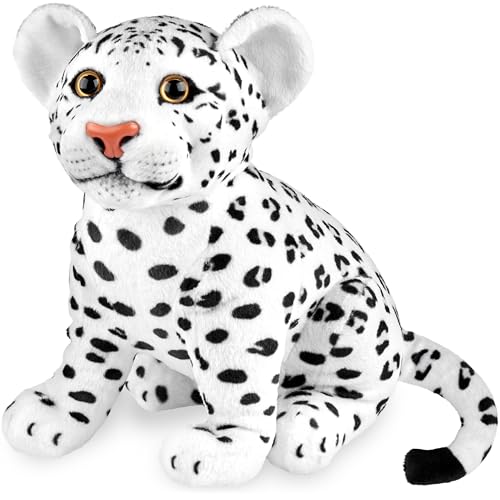 BRUBAKER Leopard Kuscheltier - 30 cm Stofftier - Baby Plüschtier Raubkatze Sitzend - Kinder Plüsch Spielzeug - Weiß von BRUBAKER