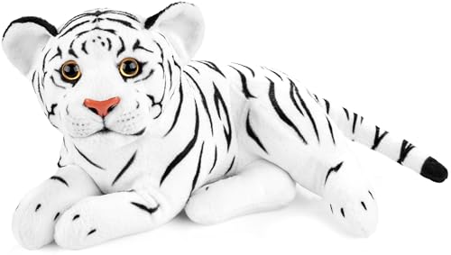 BRUBAKER Tiger Kuscheltier - 30 cm Stofftier - Baby Plüschtier Raubkatze Liegend - Kinder Plüsch Spielzeug - Weiß von BRUBAKER