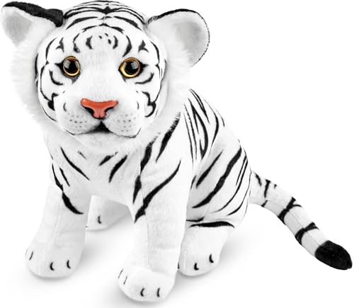 BRUBAKER Tiger Kuscheltier - 30 cm Stofftier - Baby Plüschtier Raubkatze Sitzend - Kinder Plüsch Spielzeug - Weiß von BRUBAKER