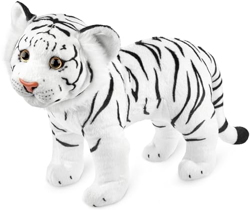 BRUBAKER Tiger Kuscheltier - 30 cm Stofftier - Baby Plüschtier Raubkatze Stehend - Kinder Plüsch Spielzeug - Weiß von BRUBAKER