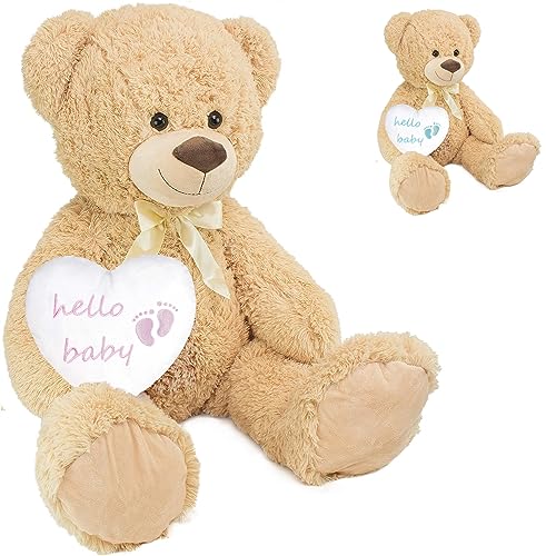 BRUBAKER XXL Teddybär Beige 100 cm mit Hello Baby Herz Rosa - Kuscheltier Geschenk für Geburt, Babyparty und Neugeborene Mädchen - Stofftier mit Herzkissen - Plüschtier mit Schleife von BRUBAKER