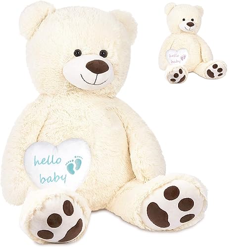 BRUBAKER XXL Teddybär Weiß 100 cm mit Hello Baby Herz Blau - Kuscheltier Geschenk für Geburt, Babyparty und Neugeborene Jungen - Stofftier mit Herzkissen Hellblau - Plüschtier von BRUBAKER