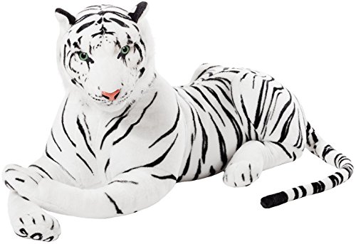 BRUBAKER XXL Tiger Kuscheltier Weiß 110 cm - liegend Stofftier Plüschtier von BRUBAKER