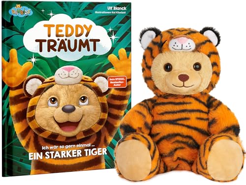 BRUBIES Kuscheltier mit Bilderbuch - Teddy Träumt - Ich wär so gern einmal EIN starker Tiger - Teddybär mit Buch für Kinder ab 2 Jahren. Gute Nacht Geschichte Autor ULF Blanck von BRUBIES