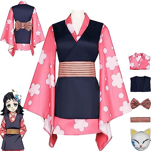 BRZUIL Demon-Slayer Kostüm, Makomo Cosplay Outfits Anzug für Maskerade, Kimetsu-No-Yaiba-Makomo-Halloween-Karnevals-Party-Jacken-Anzug Kleidung mit Zubehör,Rosa,L von BRZUIL