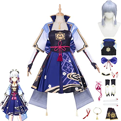 BRZUIL Genshin Impact Cosplay Kostüm, Kamisato Ayaka Cosplay Outfits Anzug mit Perücke, Genshin Kamisato Ayaka Motto Halloween Karneval Party Jacke Anzug Kleidung für Maskerade,Blau,L von BRZUIL