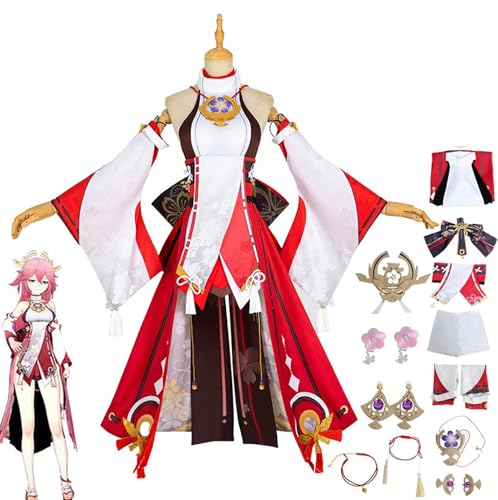 BRZUIL Genshin Impact Kostüm, Yae Miko Cosplay Outfits Anzug für Maskerade, Genshin Theme Yae Miko Halloween Karneval Party Jacke Anzug Kleidung mit Accessoires,Rot,S von BRZUIL