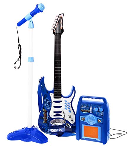 BSD Rock-Gitarre mit Stahlsaiten, Verstärker, verstellbare Stativ und Mikrofon - Rockgitarre für Kinder Kinder-Gitarre Spielzeug-Gitarre Kleinkind Musikinstrument - erste Gitarre für Kleinkind - BLAU von BSD